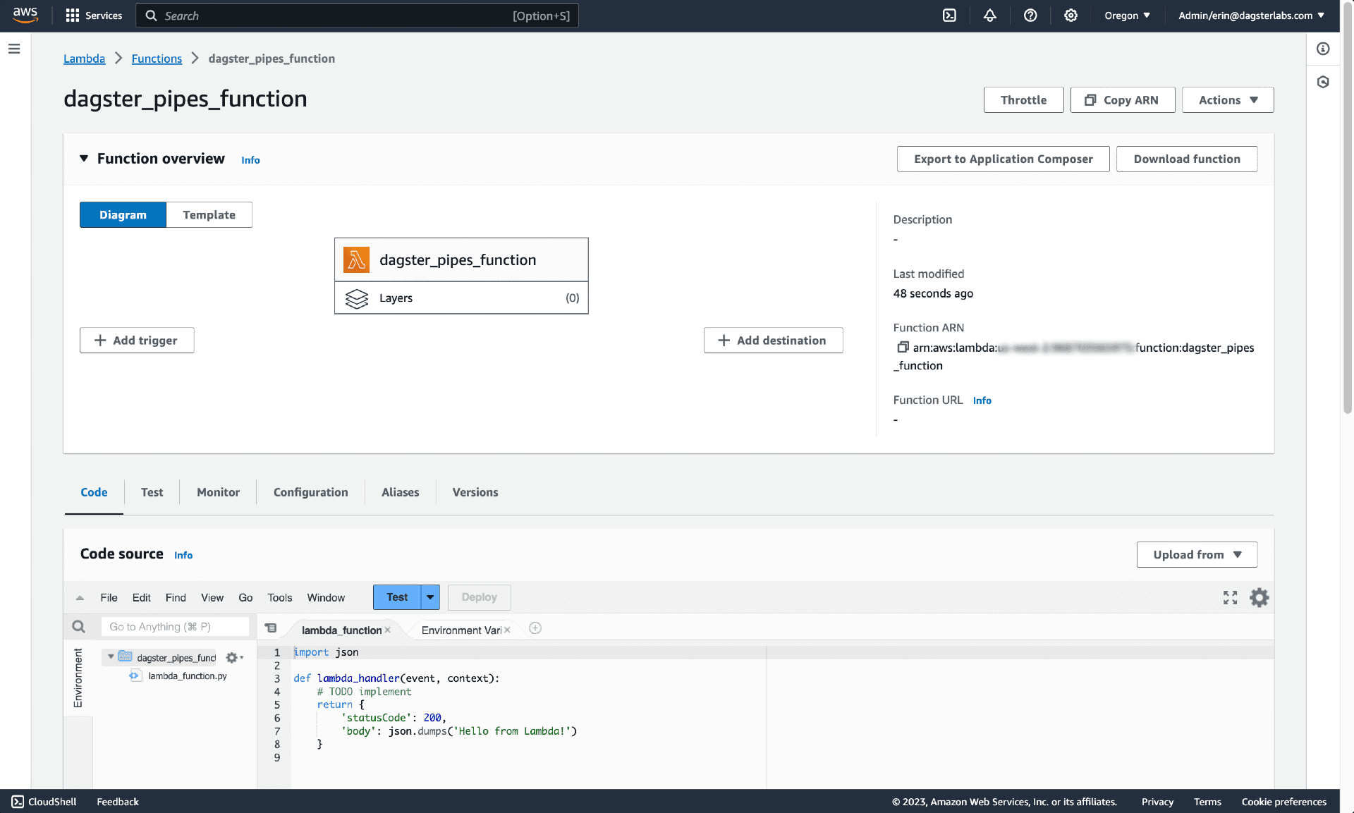 The Lambda function details page in the AWS UI