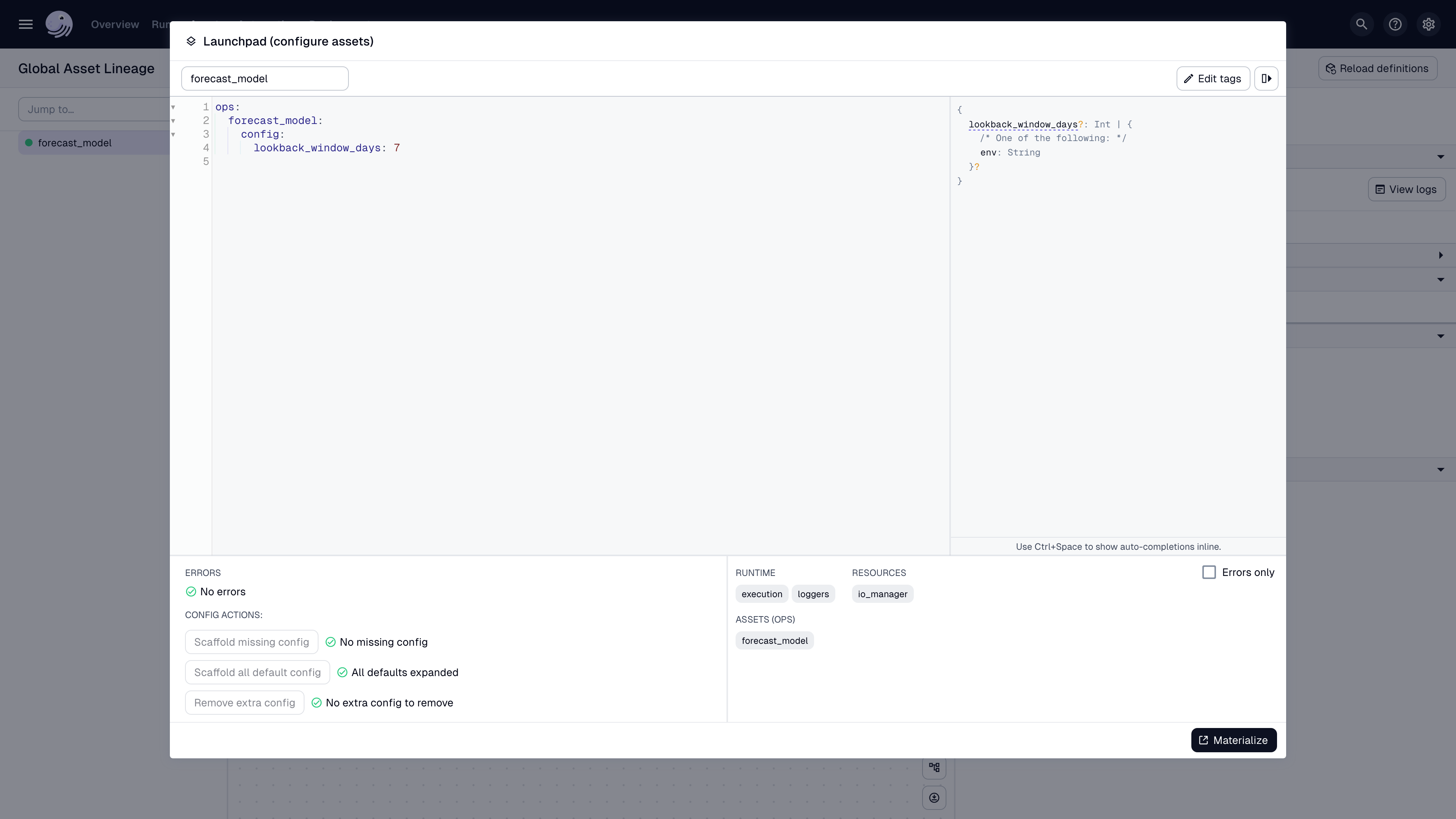 Dagster Launchpad that configures an asset to have a lookback window of 7 days