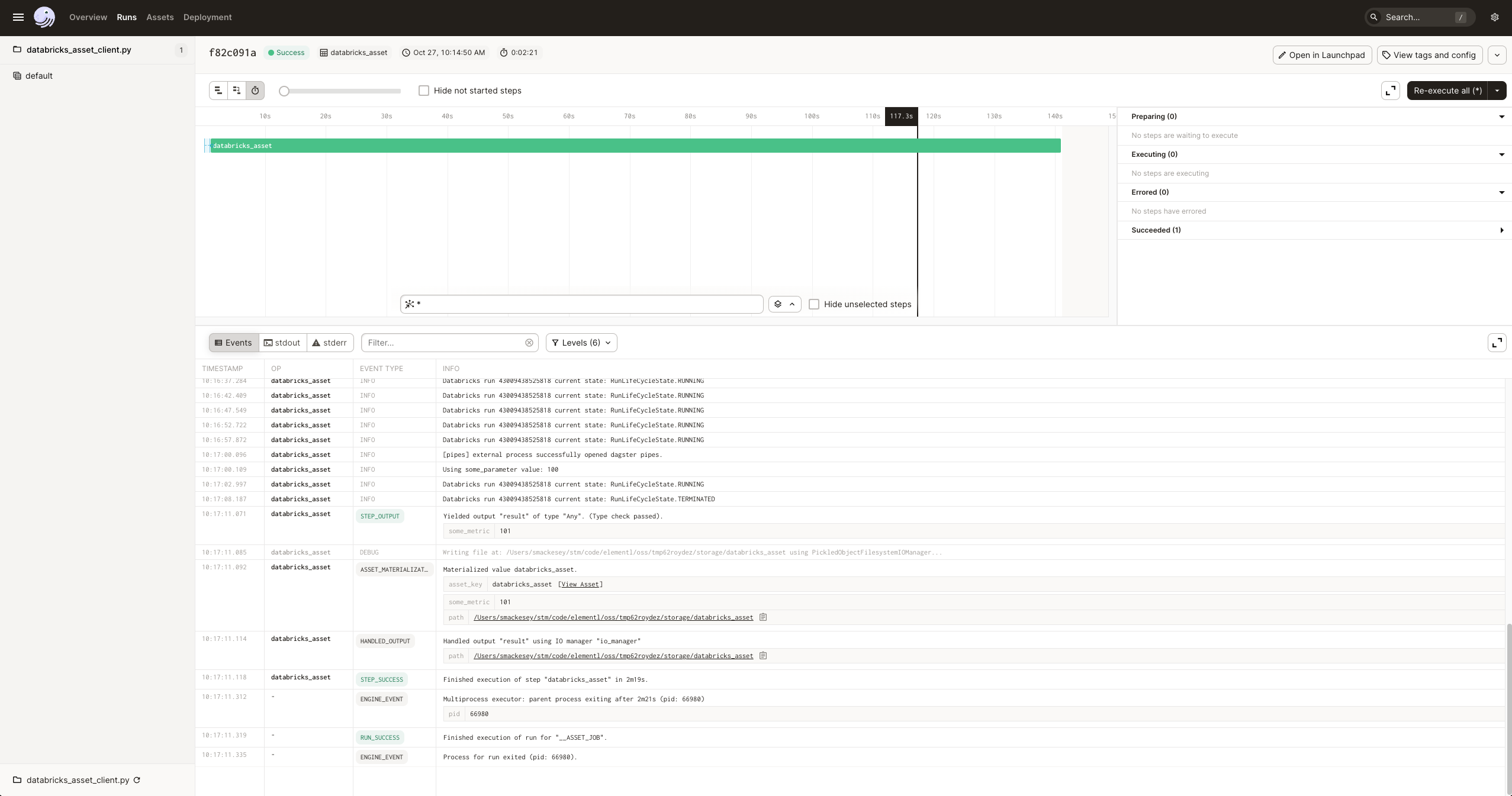 Event log for Databricks run